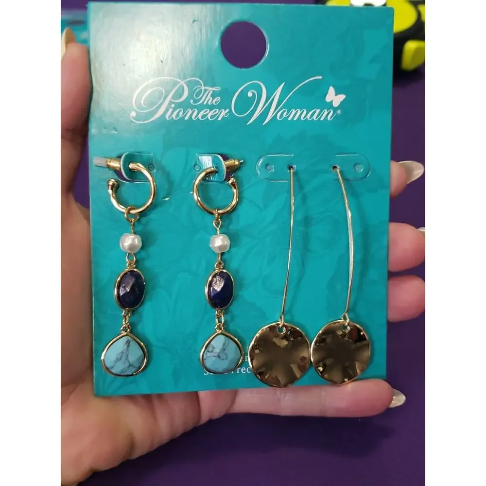 Pioneer Woman Two Pairs Earrings Long Dangle Pierced Threader Semiprecious New